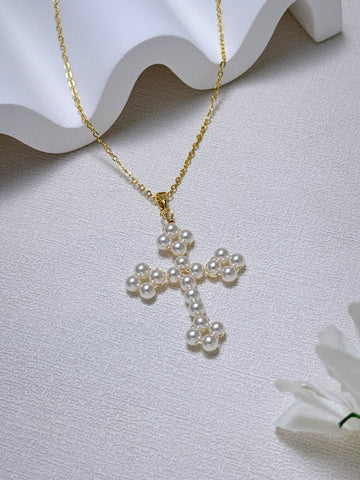 T&M [N01] Woven Pearl Cross Necklace